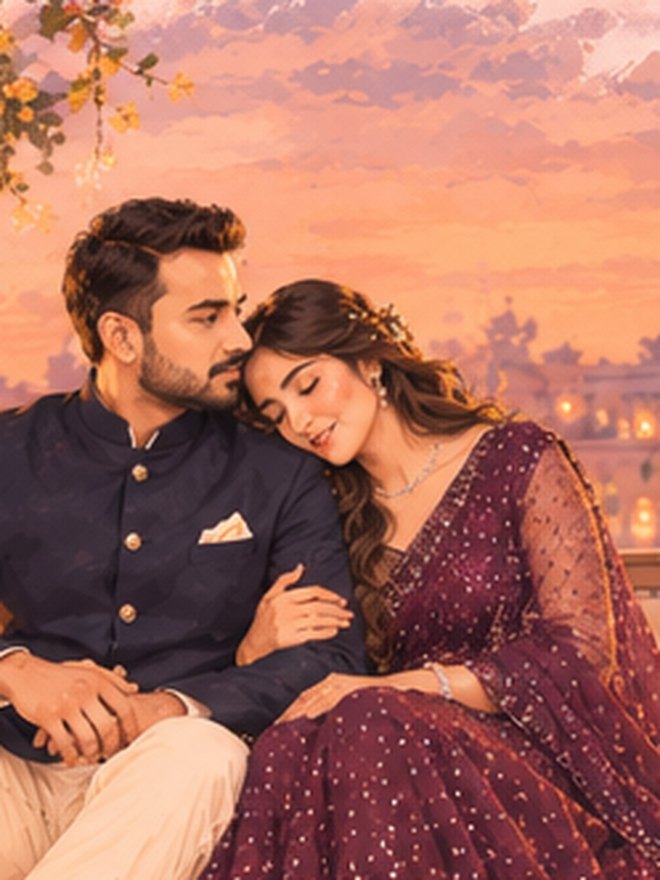 Painting of Swati and Bhaskar sitting together at sunset