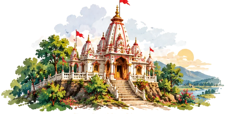 Watercolour painting of a temple on a hill in Godda